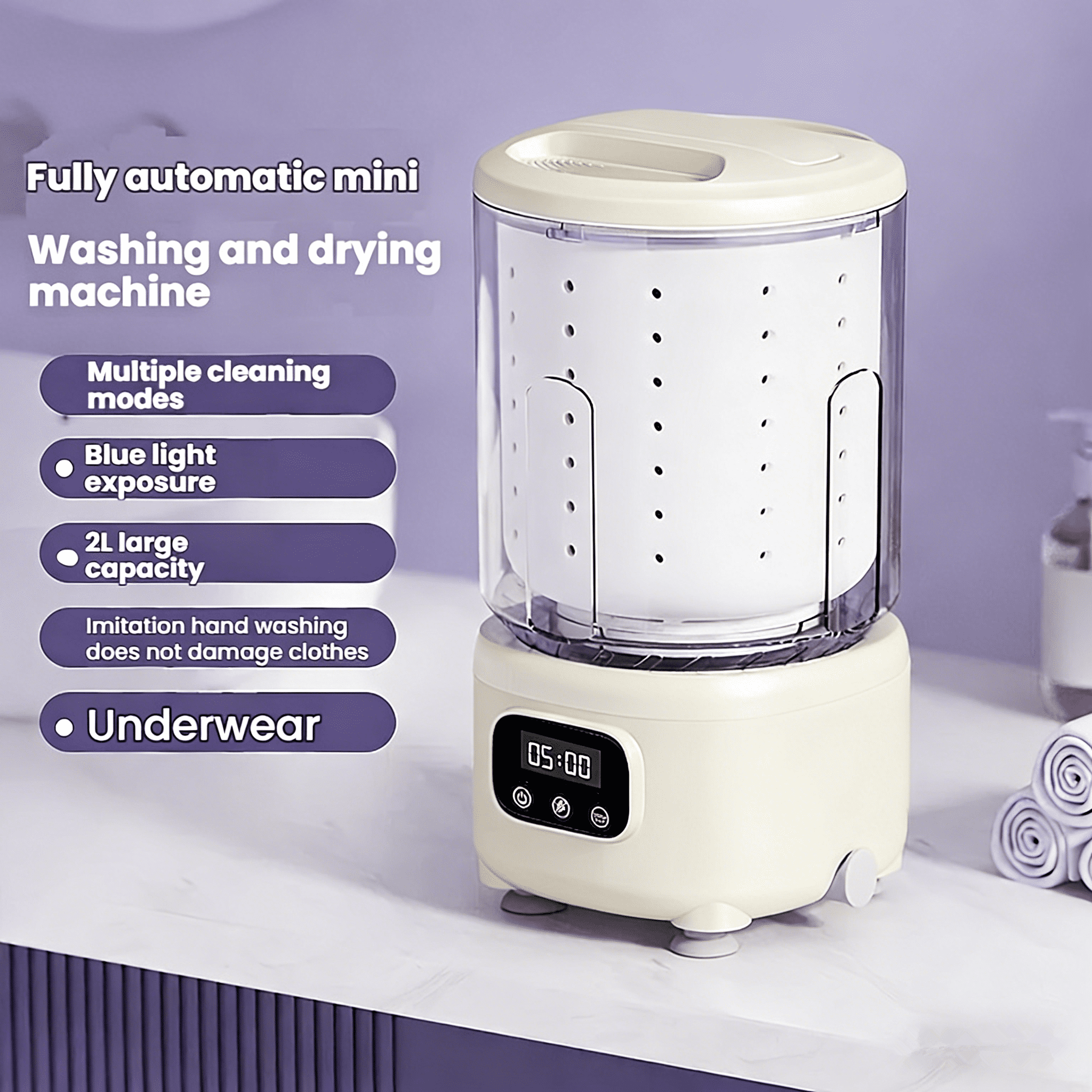 Mini Washing Machine 2L Portable Washer and Dryer for Travel and Dormitory Cordless Underwear and Socks Washing and Drying