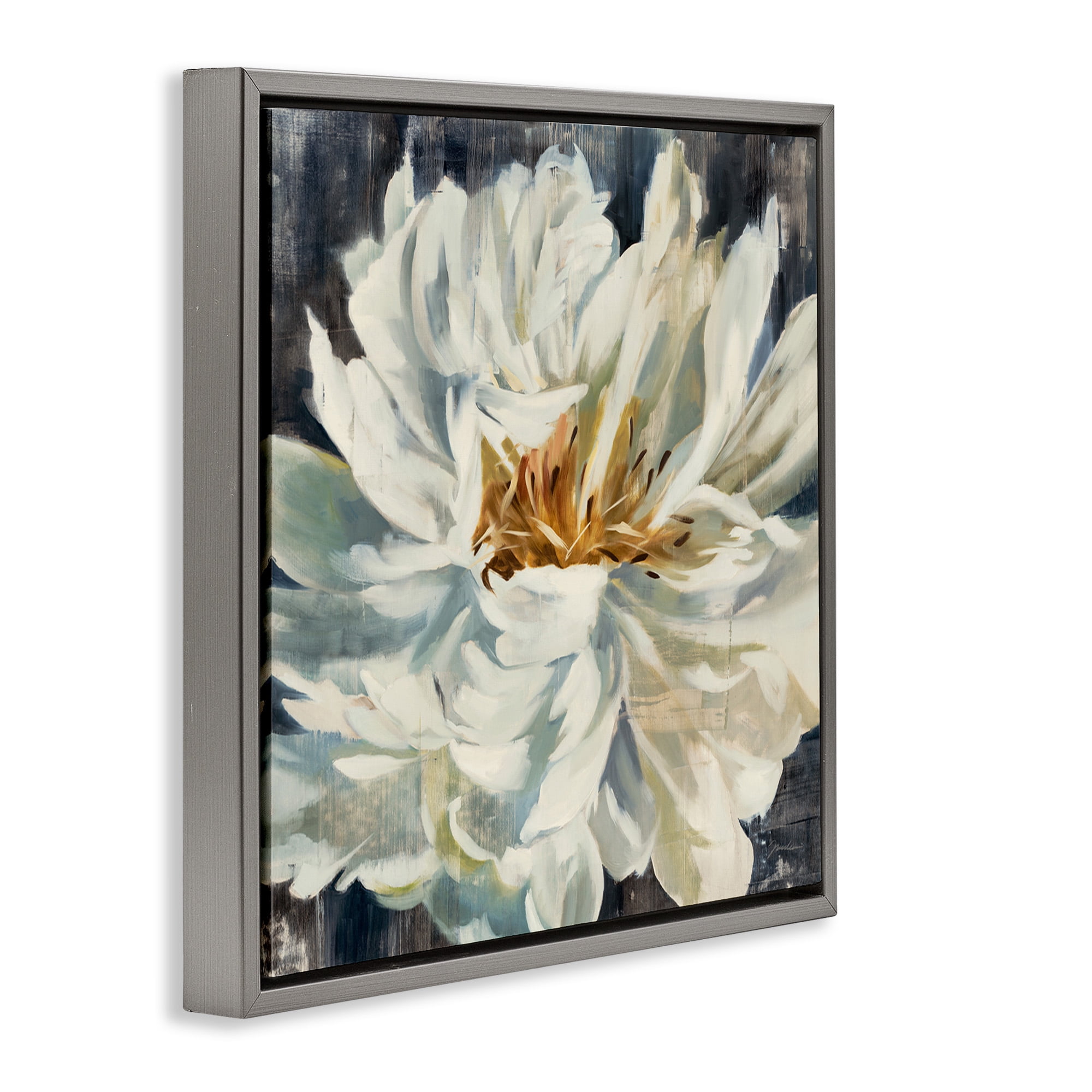 Stupell Industries Organic Blooming White Petals Botanical & Floral Painting Gray Floater Framed Canvas Art Print Wall Art, 25 x 25