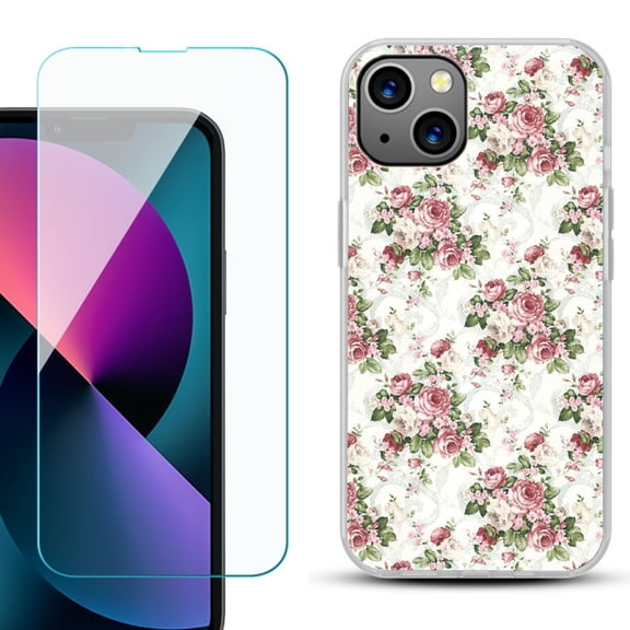Slim-Fit Gel TPU Phone Case for iPhone 13 Mini, with Tempered Glass Screen Protector, by OneToughShield ® - Floral/Rose