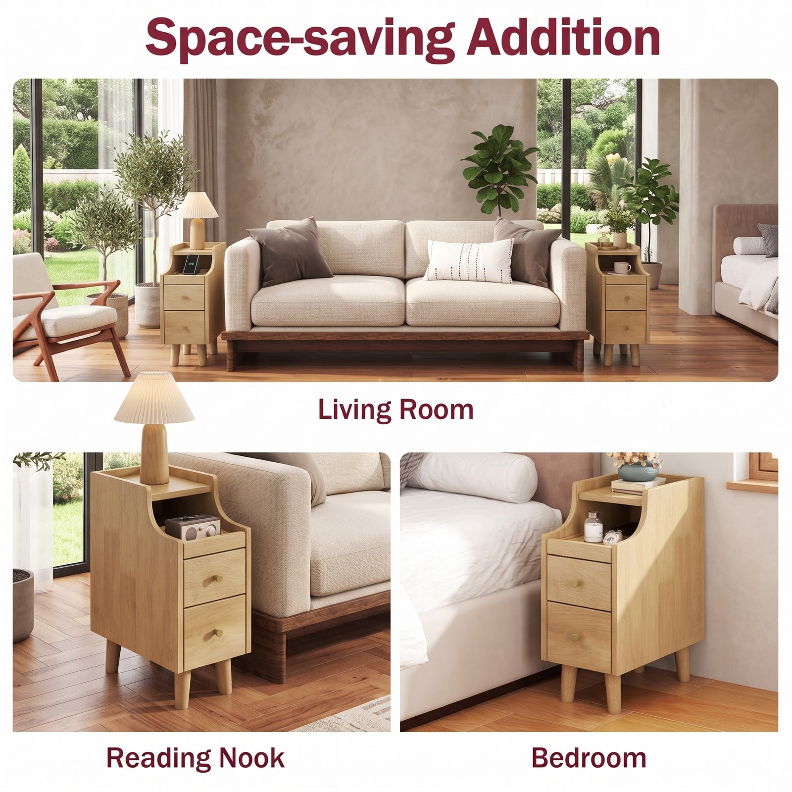 Furnibear Narrow Nightstand with Pull-out Tray and 2 Storage Drawers, Slim Solid Wood Bedside Table for Small Spaces and Tight Corners, Natural