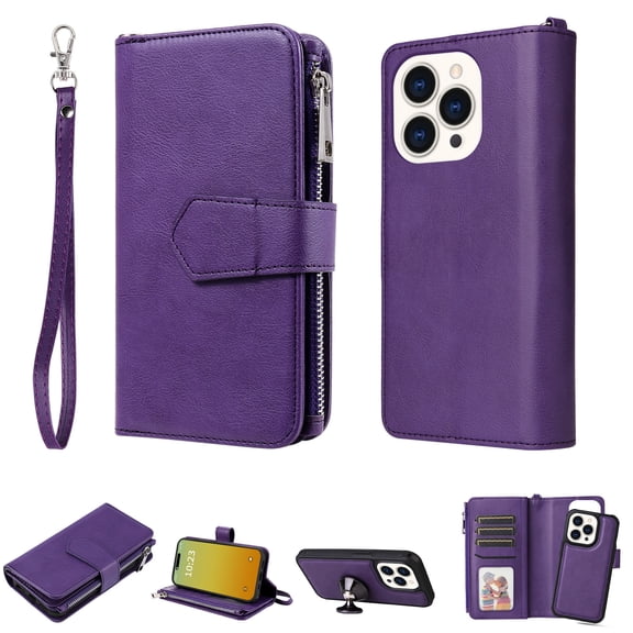 Allytech Detachable Wallet Case for Apple iPhone 15 Pro, Vintage PU Leather Folio Flip Wallet Case Multiple Cards Slots Kickstand Shockproof Protective Phone Case for iPhone 15 Pro - Purple