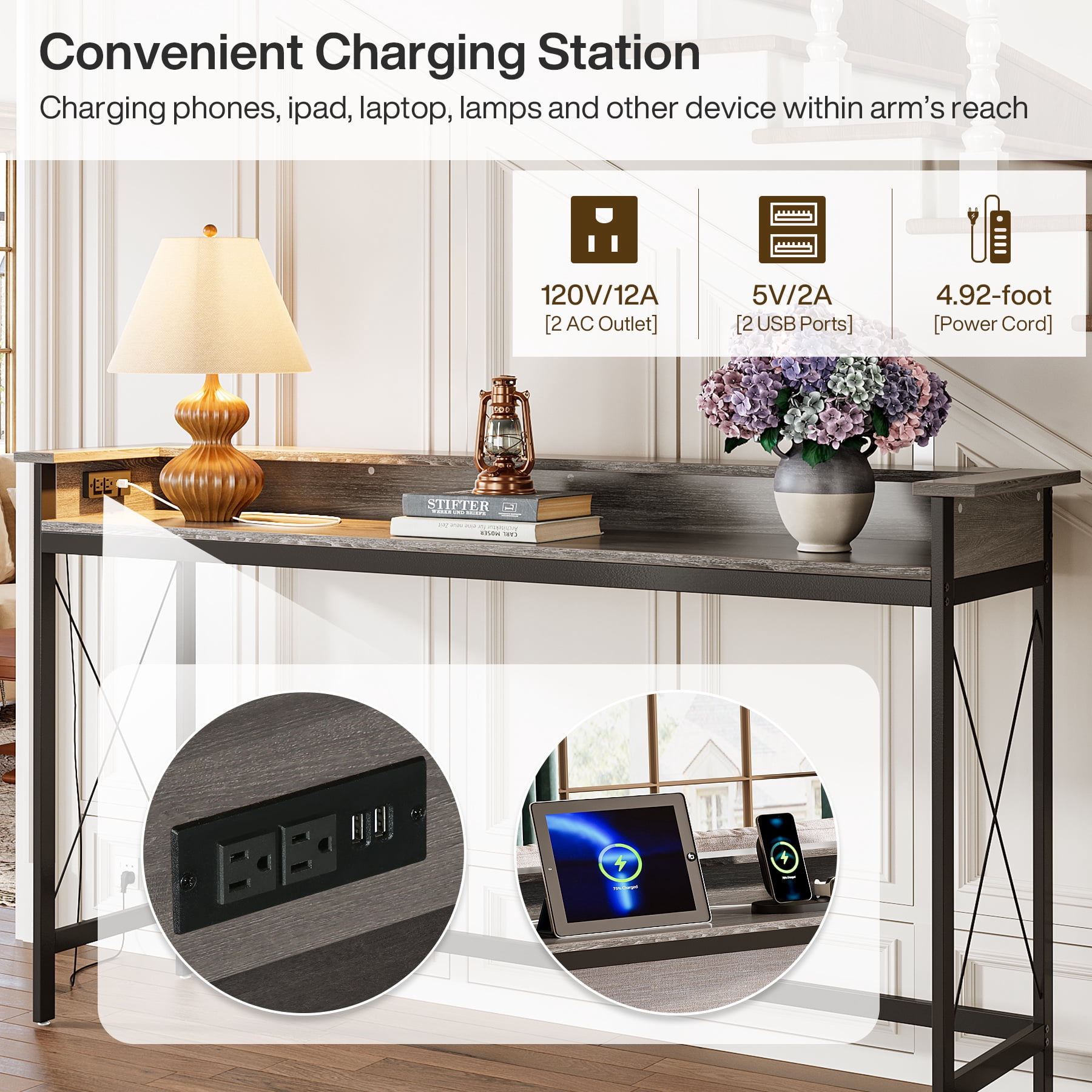 Fnova 70.9" Console Table, Extra Long Sofa Table with Outlets and USB Ports, Industrial Entryway Table with Charging Station, Narrow Hallway Accent Table for Living Room, Hallway, Foyer
