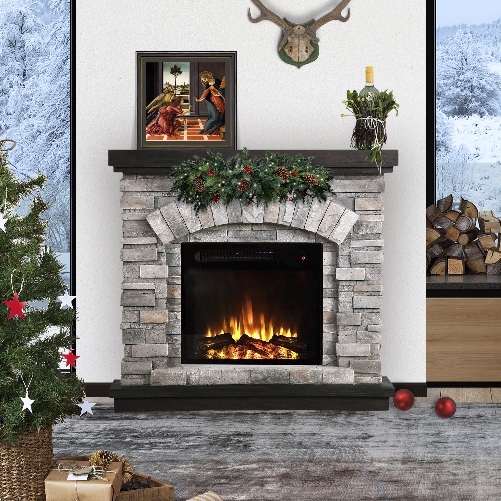 Commas 3D Electric Fireplace with Mantle, 36 Stone and Brick Heater, Gray  - Walmart.com