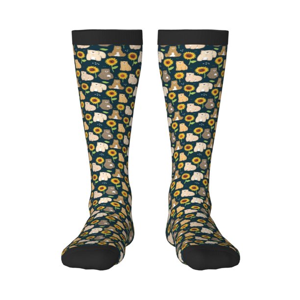 Fotbe Bear Sunflower Calcetas Divertidas Estampadas para Hombre y Mujer, Calcetas de Algodón hasta la Rodilla para Caminar, Correr, Enfermería y Embarazo
