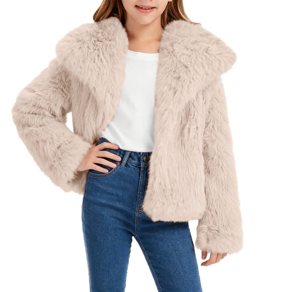 Breezora Girls Faux Fur Coat Plush Lapel Long Sleeve Jacket Winter Fashion Outerwear for Special Occasions L Size Beige