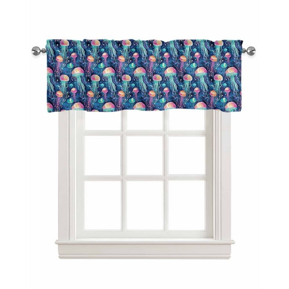Ocean Jellyfish Linen Curtain Valance for Bedroom/Bathroom/Kitchen/Office/Living/Dining Room Window,Coastal Colorful Beach Jellyfish Rod Pocket Topper Decorative Cafe Drapes Panel 54"x18"