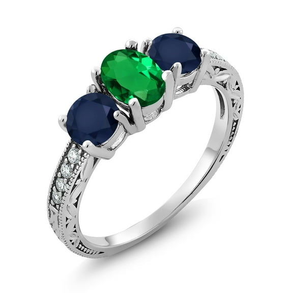 Gem Stone King 1.92 Ct Oval Green Nano Emerald Blue Sapphire 925 Sterling Silver Moissanite Ring (Size 6)