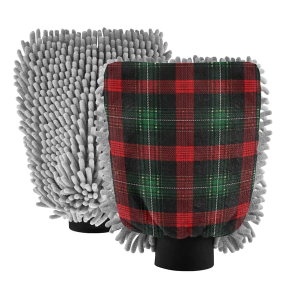 Microfiber Car Wash Gloves With Chenille & Polyester Terry Scratch-Free Cleaning Elastic Cuffs Deep Red Tartan Plaid
