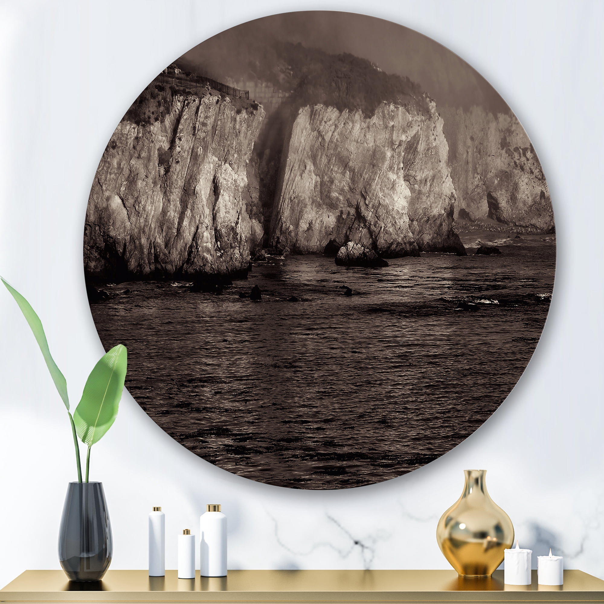 Designart 'Gold Cliffs Over Sea In The Fog' Modern Circle Metal Wall Art 29x29 - Disc of 29