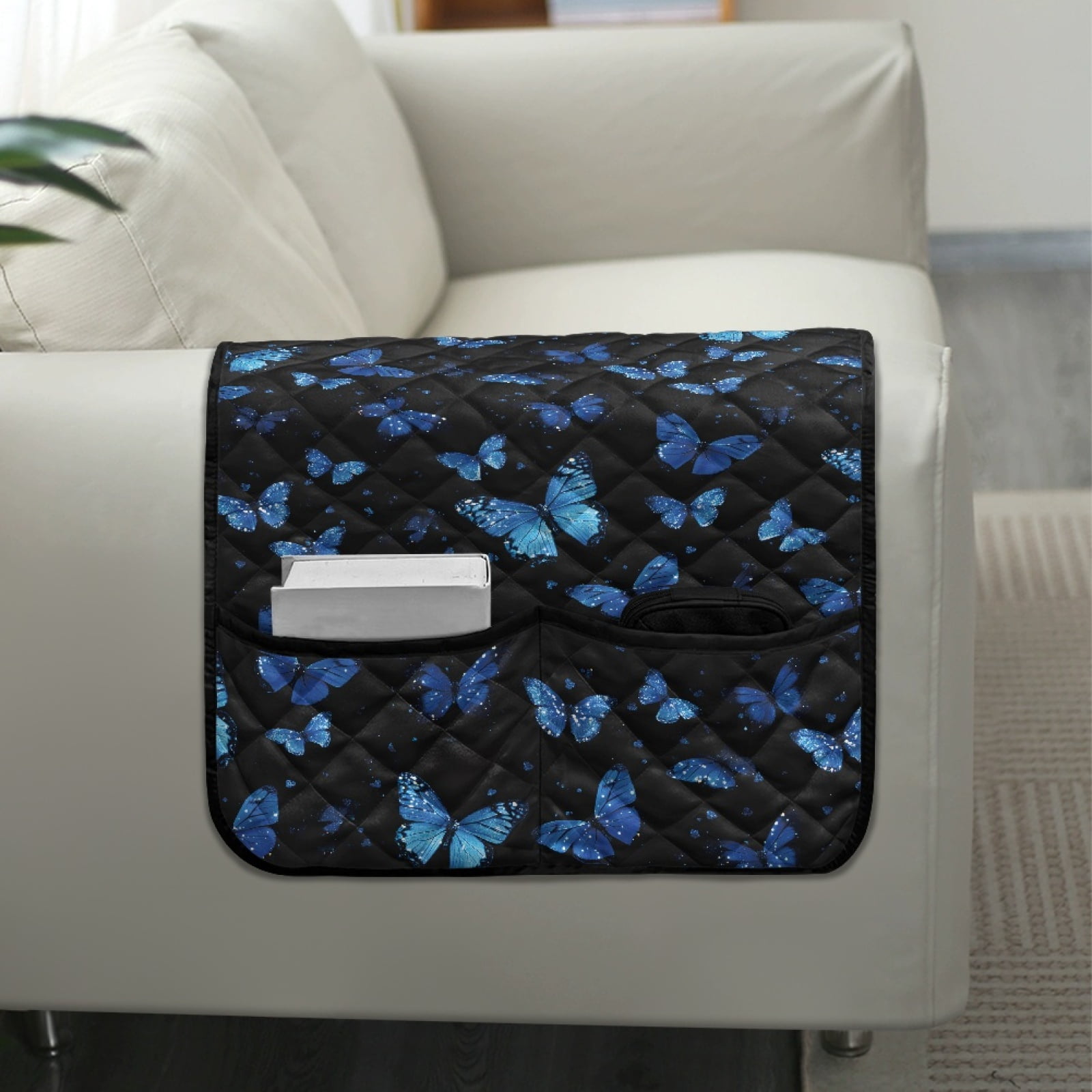 TSOVTHRID Blue Butterfly Glitter Print Sofa Armrest Cover Washable Armchair Slipcovers with Side Storage Pocket Couch Arm Protector Non-Slip Chair Arm Covers