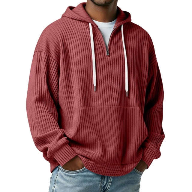 pstuiky Camisas suaves de manga larga para hombre, Sudadera informal de cuello redondo con capucha, media cremallera y bolsillo de manga larga de color liso para hombre xl