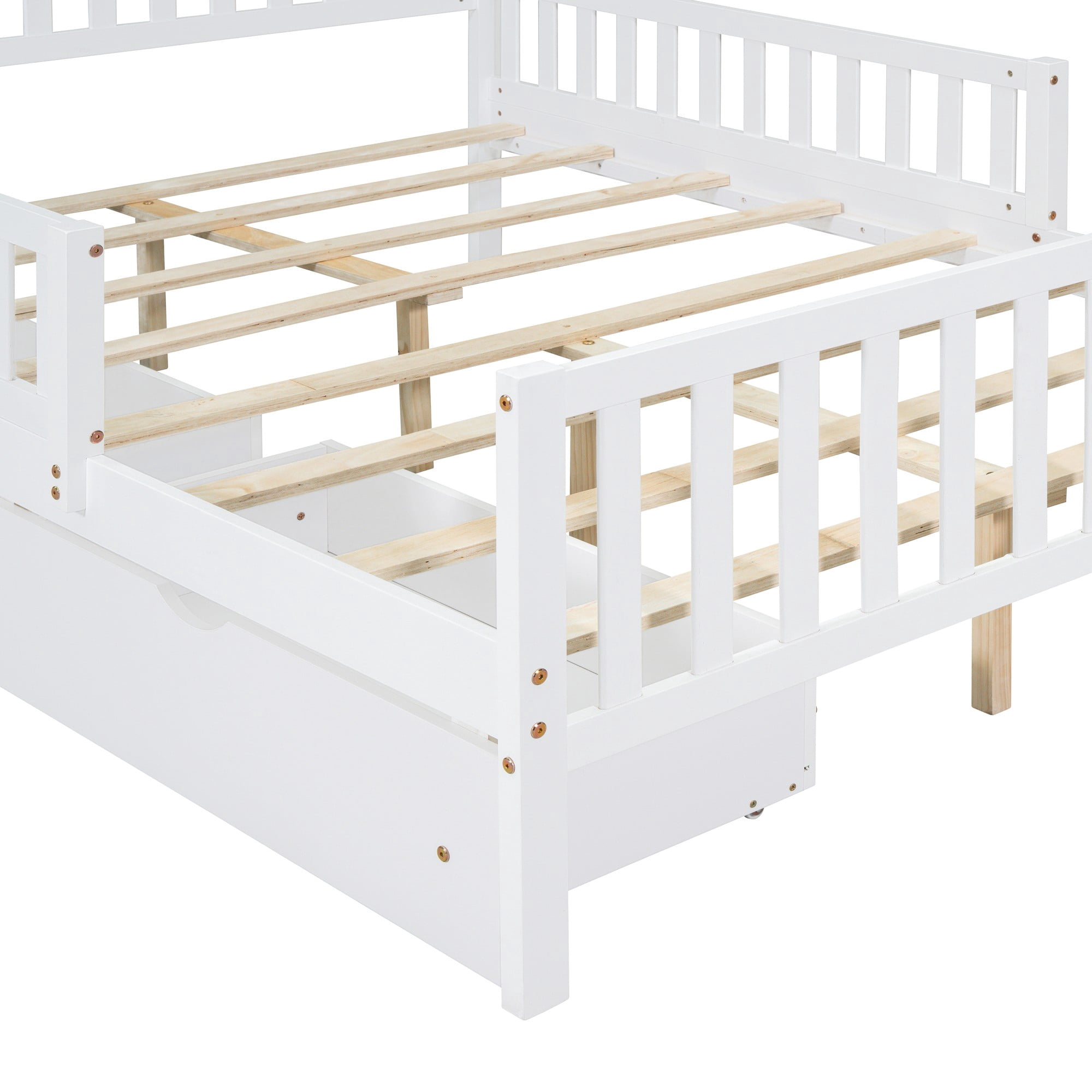 Aukfa Full Size Platform Bed with Storage Drawers and Safe Rails, Wood Bed Frame, White