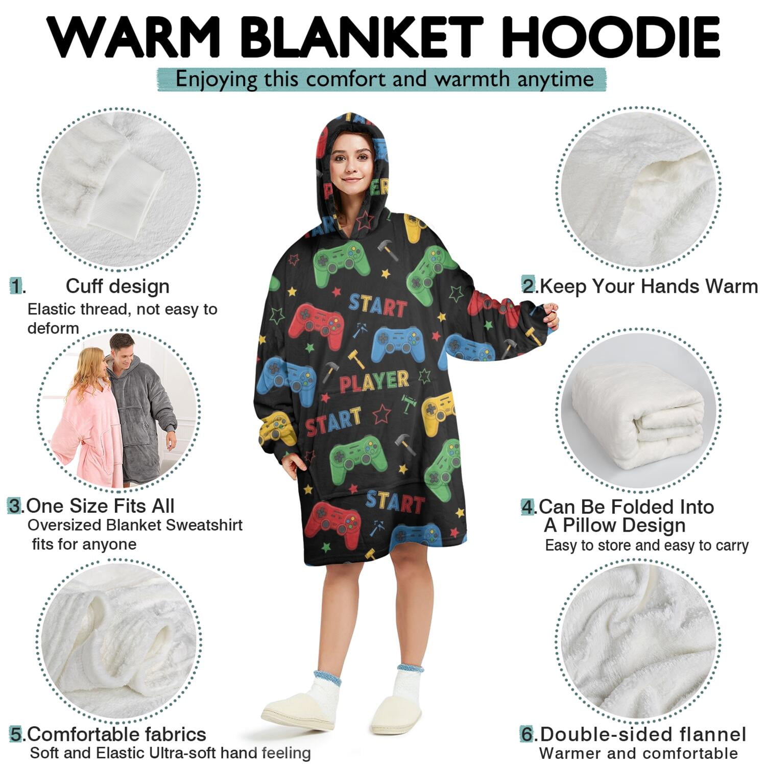 Wearable Oversized Blanket,Multicolor Controllers Games Text Black Pattern Wearable Blanket Hoodie for Adults,Cozy Hooded Blankets with Super Pockets,Super Warm Fuzzy Pullover for Women & Men