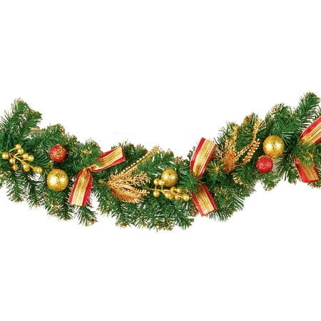 - Evergreen Holiday Glitter Garland with Red & Gold Accents - Seasonal Home Decoration for Mantle, Doorway, or Stairway