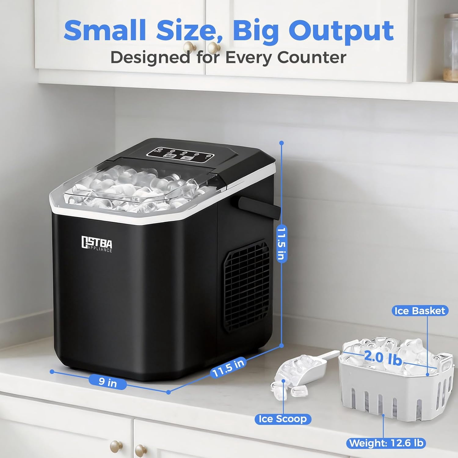 OSTBA Fast Ice Countertop Ice Maker with Dual Size Bullet Ice, 9 Cubes in 6 Minutes, 26 lbs per Day, Self-Cleaning Portable Ice Machine with Carry Handle for Home, RV & Party