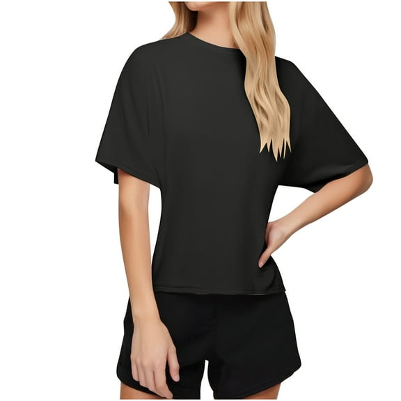 JGGSPWM Women Half Sleeve Cropped T-Shirts Drop Shoulder Round Neck Crop Tops Casual Summer Solid Color Basic Tees Black XXXL