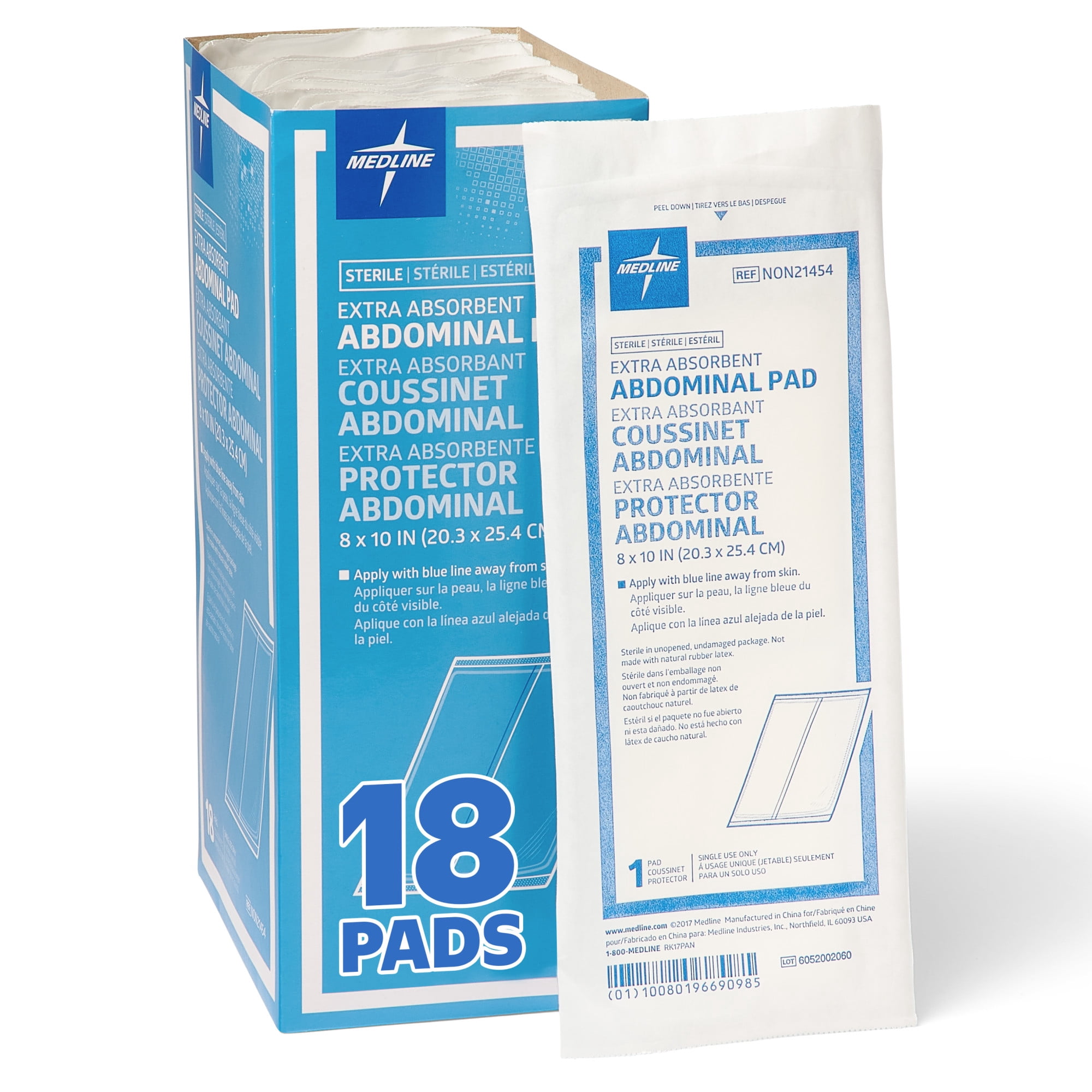 Medline Sterile Abdominal Pads, 18 Count, 8in x 10, Extra Absorbent, for Wounds and First Aid