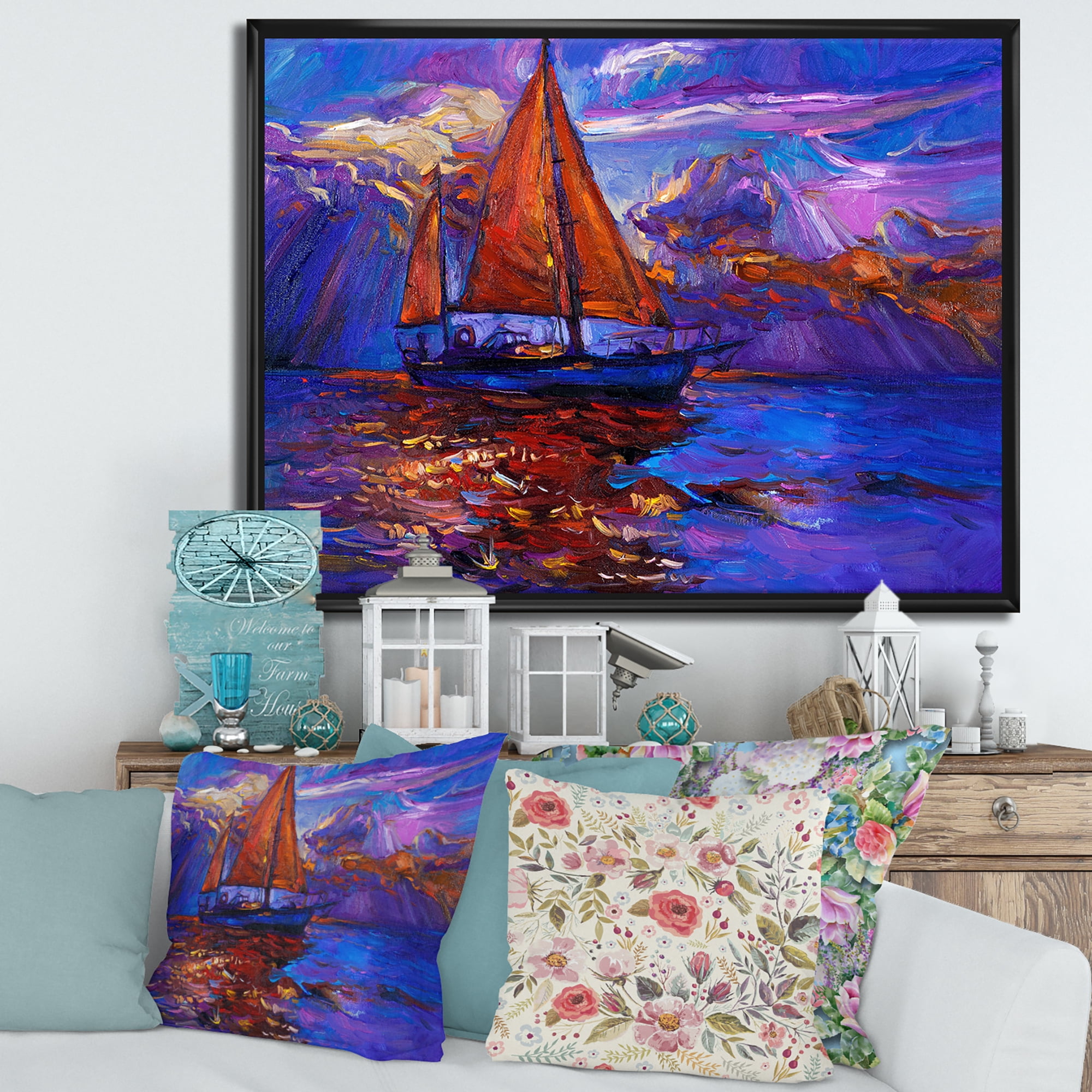 Red Sail Ship On Purple Sunset in Blue Ocean 40 in x 30 in Framed Painting Canvas Art Print, by Designart