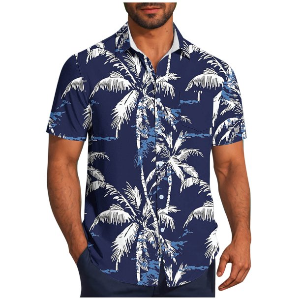 Mens Casual Manga Corta Botón Abajo Camisas Impresas Bolsillo Botón Turndown Cuello Top Blusa Camisa