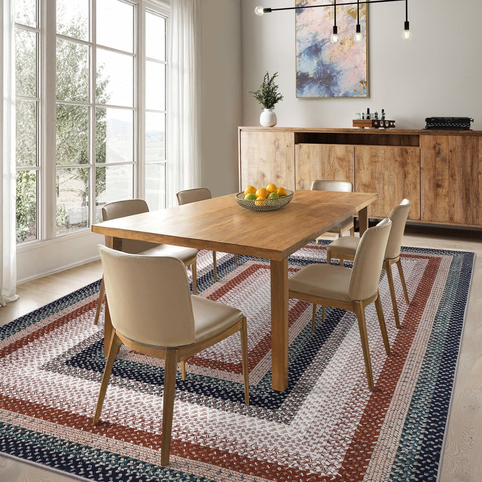 Garvee Modern Washable Braided Print Rugs, 8'x10' Non Slip Farmhouse Floor Carpet Boho Geometric Area Rug for Living Room Bedroom, Blue