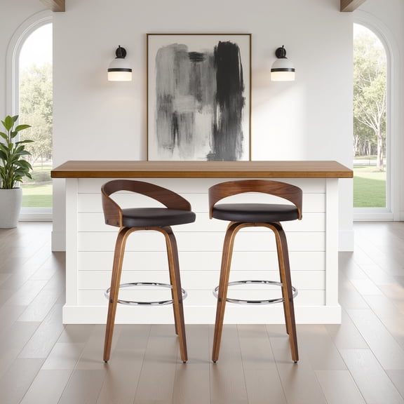 Sonia 30" Bar Height Swivel Brown Faux Leather and Walnut Wood Bar Stool - Set of 2