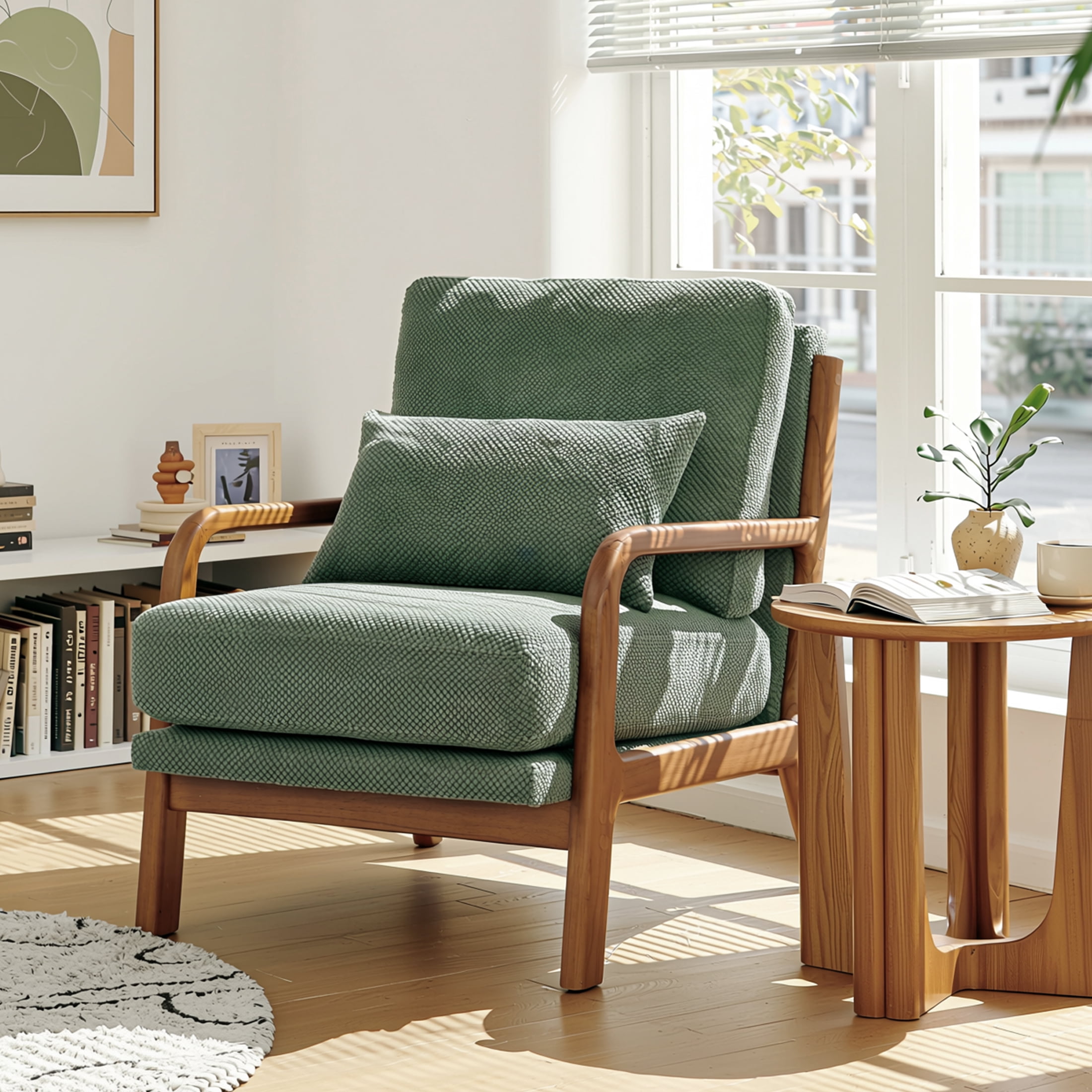 Homy Casa Mid-Century Accent Chair, Comfy Upholstered Reading Chair with Solid Wood Arms, Green