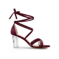 thumbnail image 3 of BLISSFUL STEP Women Velvet Lace-Up Clear Block Heel Sandals Burgundy 6, 3 of 7