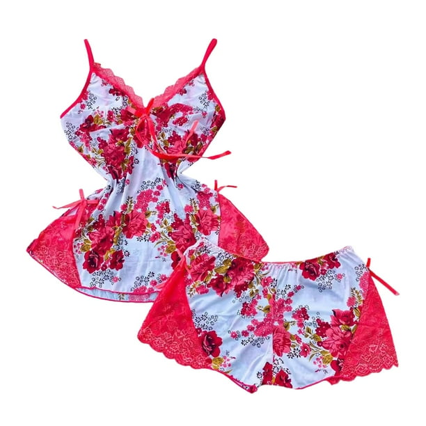 Gibobby Conjunto de pijama con tirantes para mujer Conjunto de pijama de encaje de estilo corto con pantalones cortos (Rosa, S)
