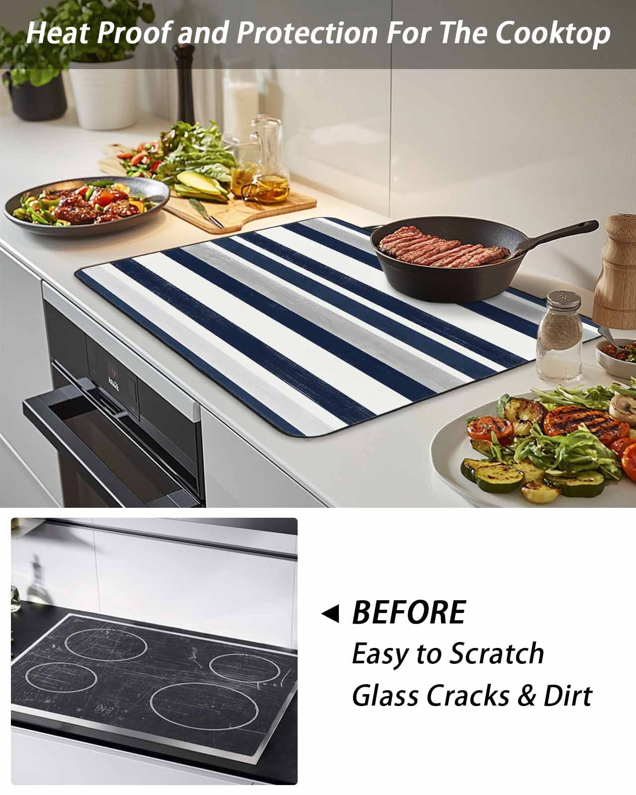 Stove Top Covers for Electric Stove, Navy Blue White Striped Glass Stovetop Cover Protector, Grey Farmhouse Stripe Abstract Art Induction Cooktop Protector Oven Mat for Kitchen Countertop 24"x21"