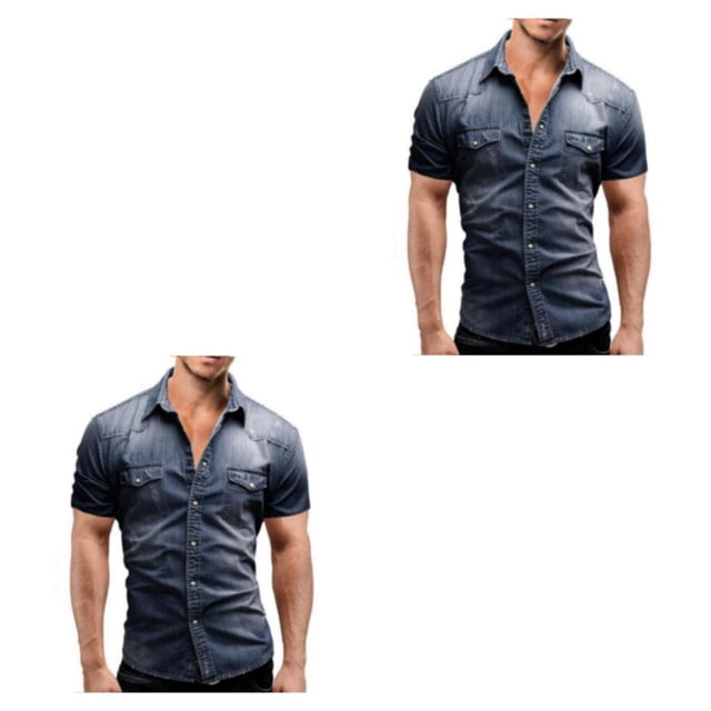 Camisa vaquera fina Qarigey para hombre con bolsillos ajustada ligera elástica de manga corta