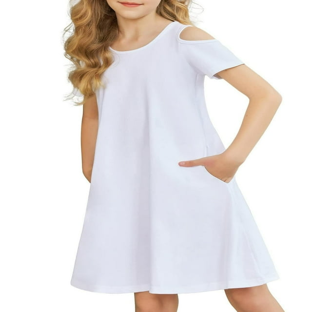 Oudiya Girls Swing Dress Summer Solid Off Shoulder Short Sleeve with Pockets Red for 7-8Y