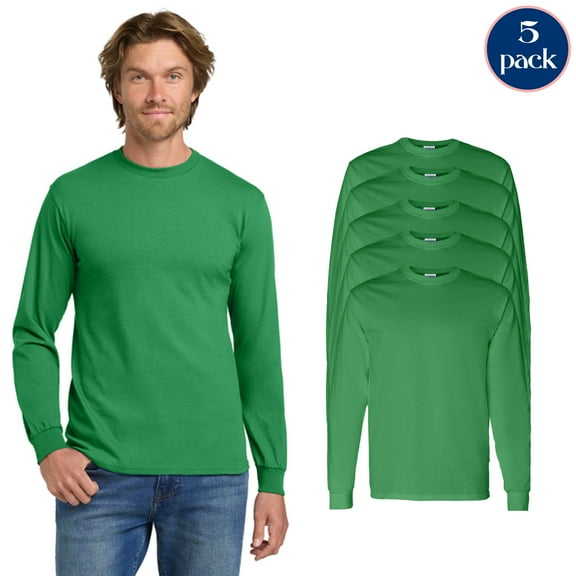 Gildan Heavy Cotton Long Sleeve T-Shirt, Unisex Classic Fit Irish Green Tee, Value 5 Pack, S