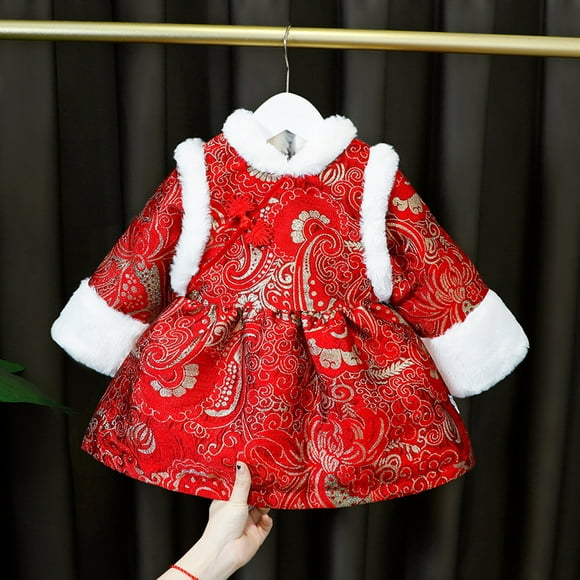EGNMCR Chinese Traditional Clothes for Kids Toddler Kids Girls Cute Warm Embroidery New Year Long Sleeved Hanfu Traditional Chinese Clothing Skirt Dress