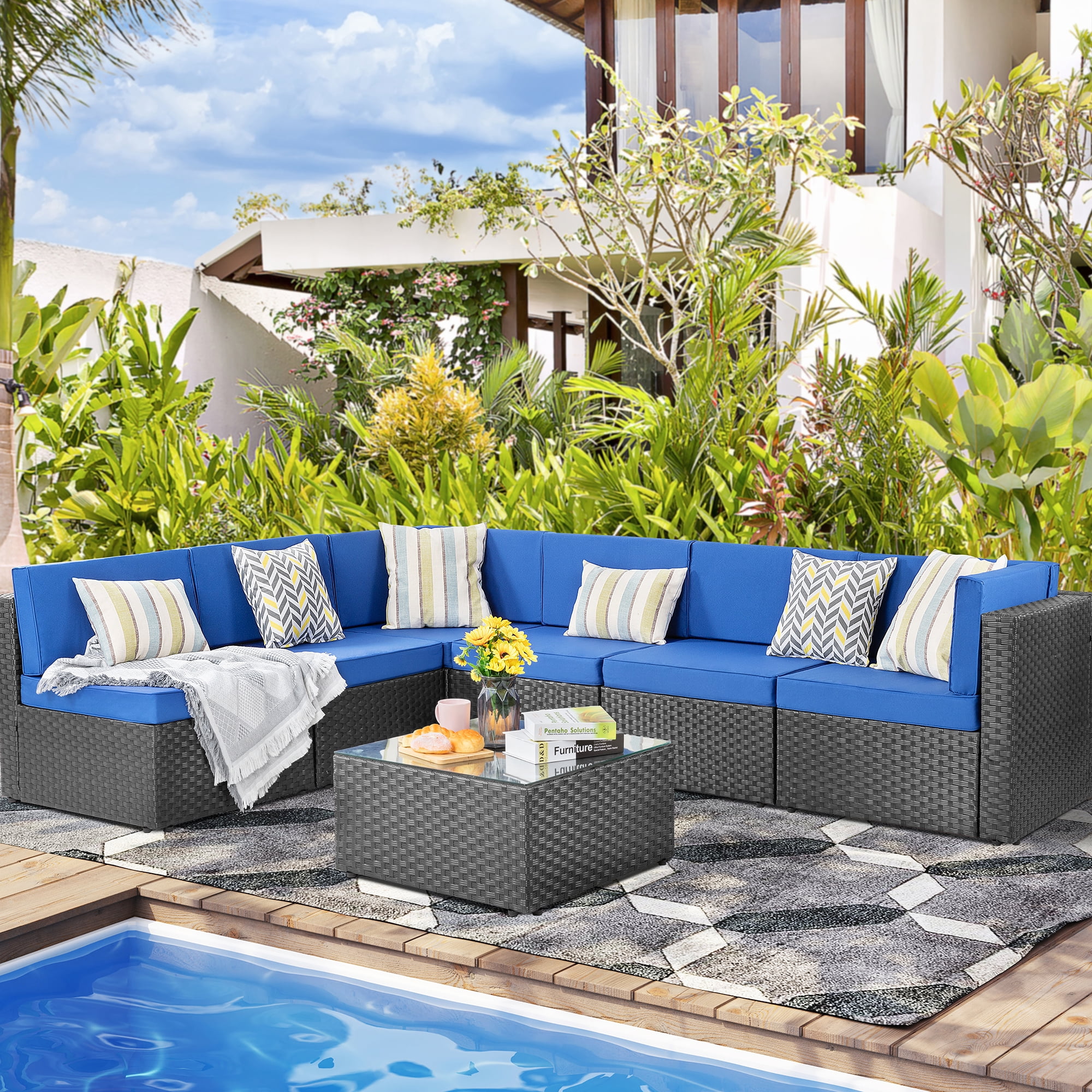 Walsunny 7 Pieces Patio Outdoor Sectional Sofa Furniture Sets, AllWeather Black Wicker Rattan