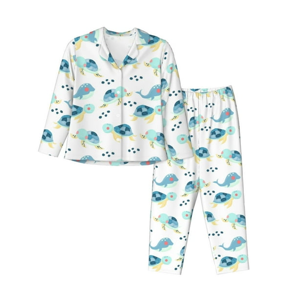 Balery Sea Turtle Conjunto de Pijama con Estampado para Mujer, Conjunto de Dos Piezas con Manga Larga, Ropa de Dormir Suave con Bolsillos, Pijamas Cómodos-X-Large