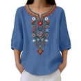 thumbnail image 4 of Qulqfy Embroidered Shirts for Women Fall 3/4 Sleeve Floral Casual Blue Tunic Comfy Cute Henley V-Neck Tshirts 3XL, 4 of 8