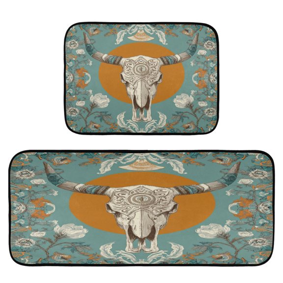2-Piece Kitchen Mat Set Non Slip Washable Floor Mats Decorative Rugs for Kitchen Sink Laundry Cow Skull and Moon Pattern