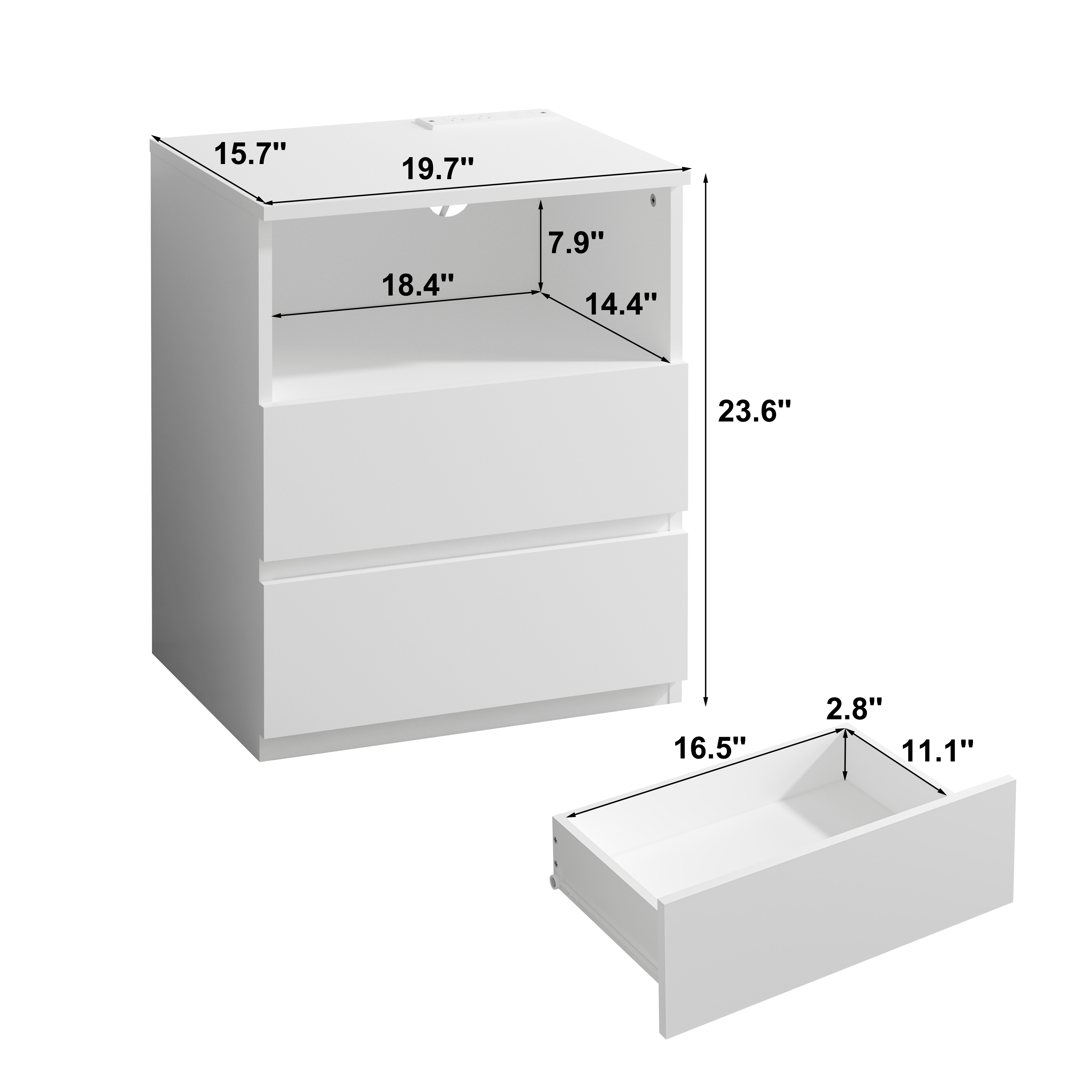 Mintazer Nightstand Set of 2, Bedside End Table with Charging Station, 2 Drawers & Open Storage Compartment, Particle Board Side Table for Bedroom Living Room, White