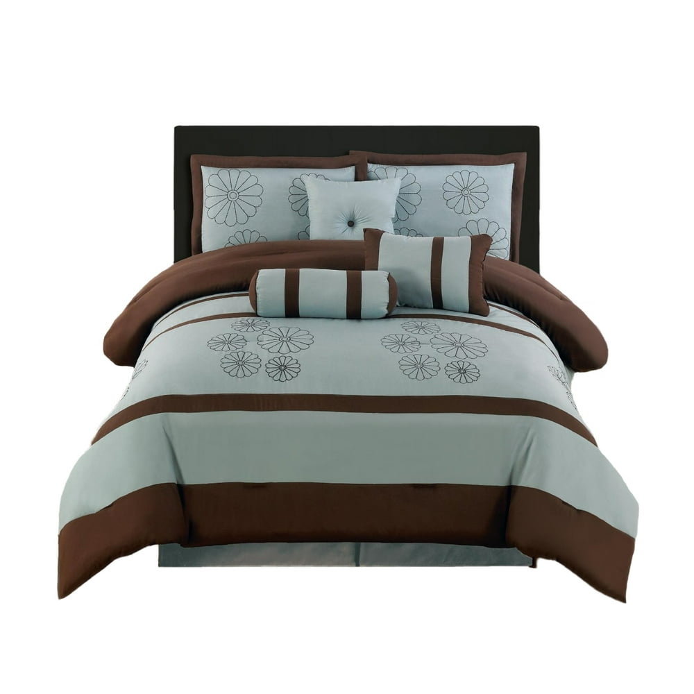7 Pieces Brown Aqua Blue Embroidery Comforter Set Bedinabag Queen