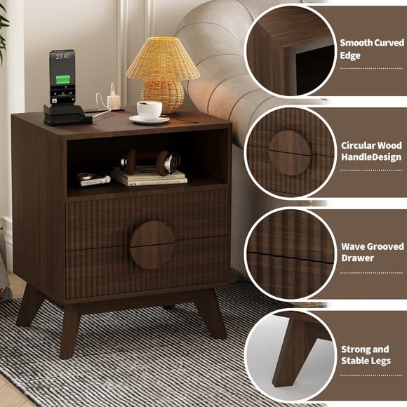 Fluted Bedside Table Set of 2 with Charging Station – 2 Drawers & Open Shelf – Bedside End Table with USB Ports & Outlets – Tall Wood Night Stands for Bedroom/Living Room – 2pcs Walnut