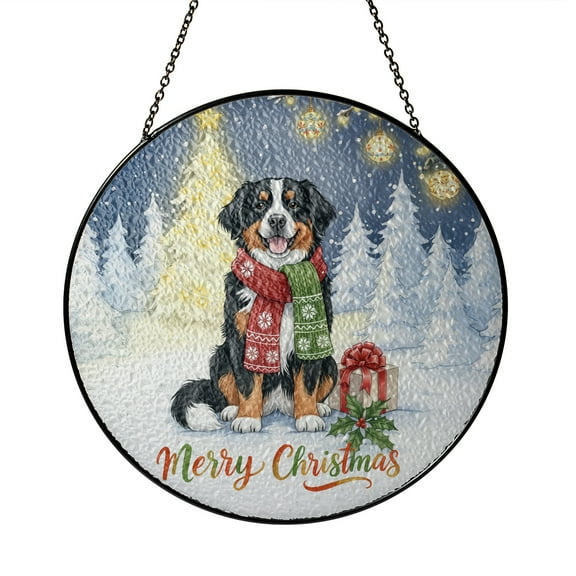 Merry Christmas Bernese Mountain Dog Snowy Winter with Gifts Tree Decorations Stained Glass Suncatcher Berner Lover Gifts Window Hanging Sign Decor - 12020