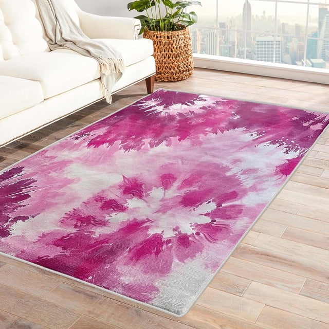 Tie Dye Area Rug for Bedroom - 6x8 Rug, Hot Pink Soft Non Silp Machine Washable Rugs, Girls Psychedelic Low Pile Large Floor Carpet for Living Room Dining Room College Dorm