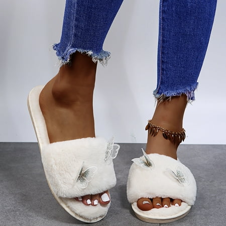 

〖Yilirongyumm〗 White 40-41 Slippers For Women Flat Ladies Womens Casual Season Slippers All Warm On Furry Fashion Slip Shoes Women s Slipper