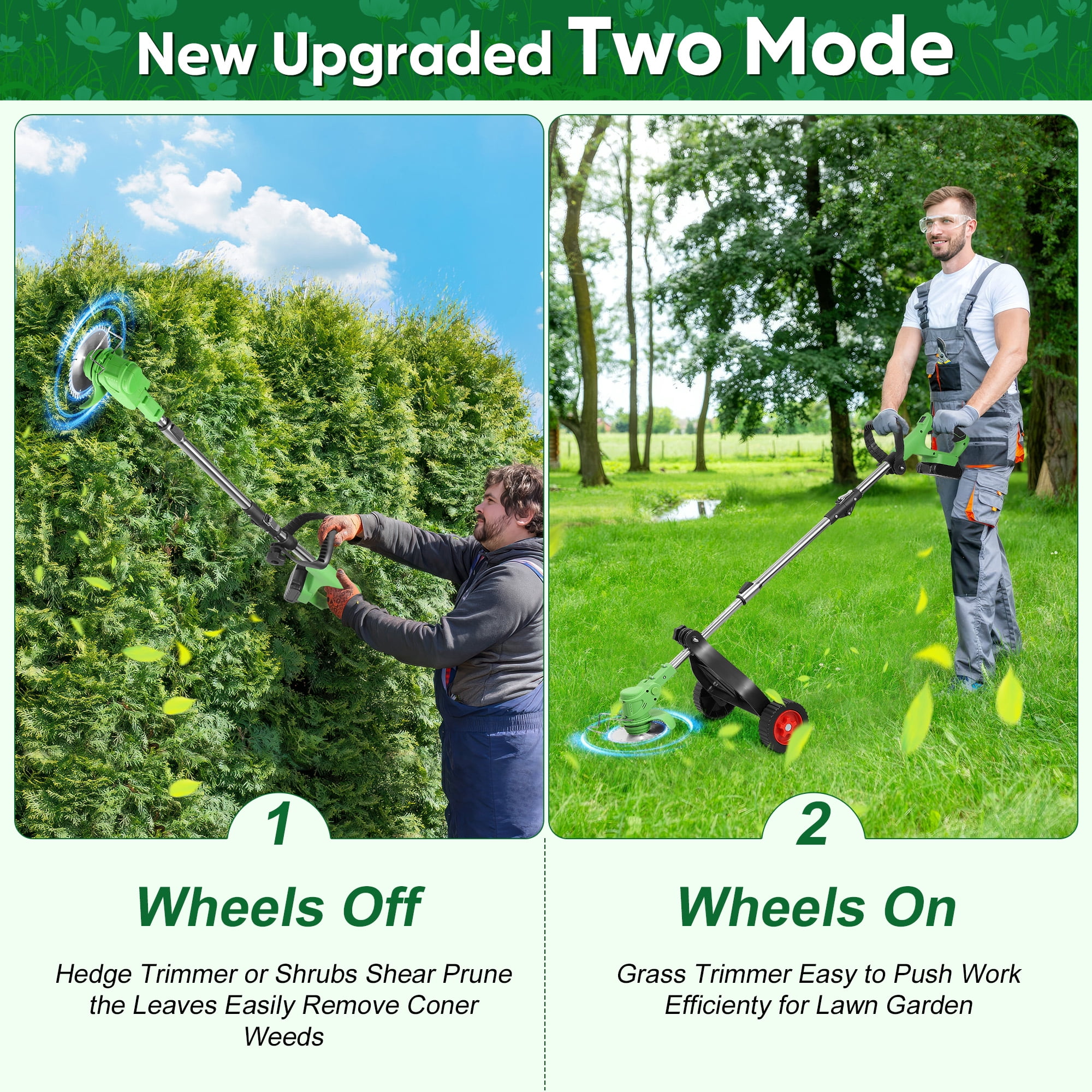 RELOIVE Weed Eater,Cordless Weed Trimmer,Electric Weed Wacker, with 2PCS 3000mAh Batteries and Charger, 5-in-1 String Trimmer with Wheels, 43.3''-53.1'' Adjustable for Garden Yard