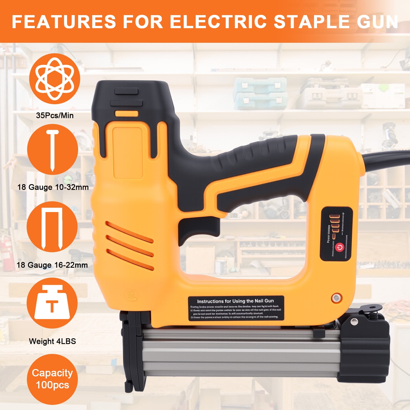 18GA 2-in-1 Electric Brad Nailer/Stapler,4 Level Adjustable Electric Nail Gun Gun for Upholstery, Carpentry and Woodworking Projects