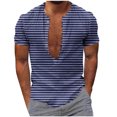 thumbnail image 2 of LYEAA Mens Short Sleeve Shirts Casual Crew Neck Beach Loose Summer Pullover T-shirts Striped Buttons Soft Comfortable Breathable Men's Tops Blue S, 2 of 5