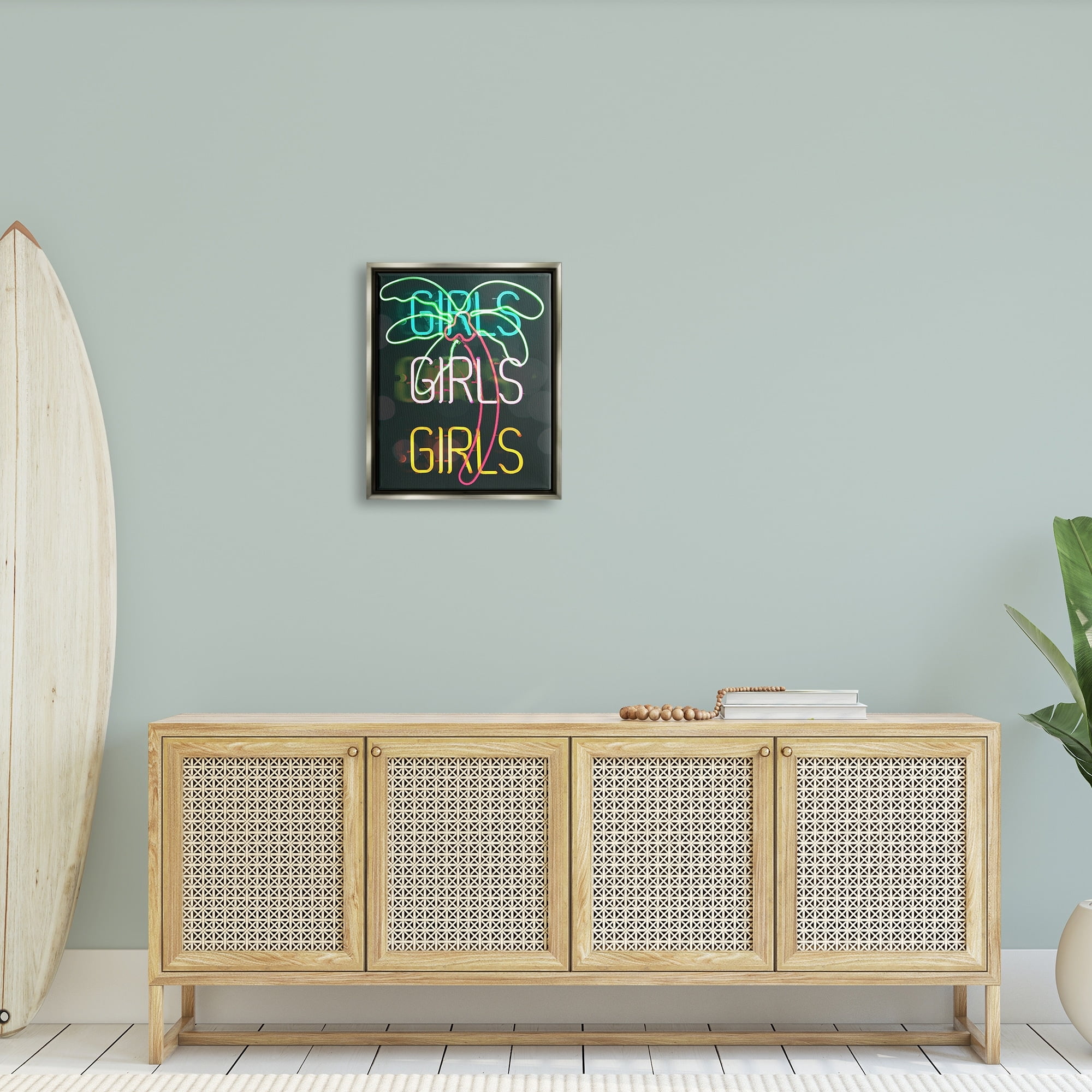 Stupell Industries Girls Neon Style Palm Tree Tropical Design Graphic Art Luster Gray Floating Framed Canvas Print Wall Art, Design by Daphne Polselli