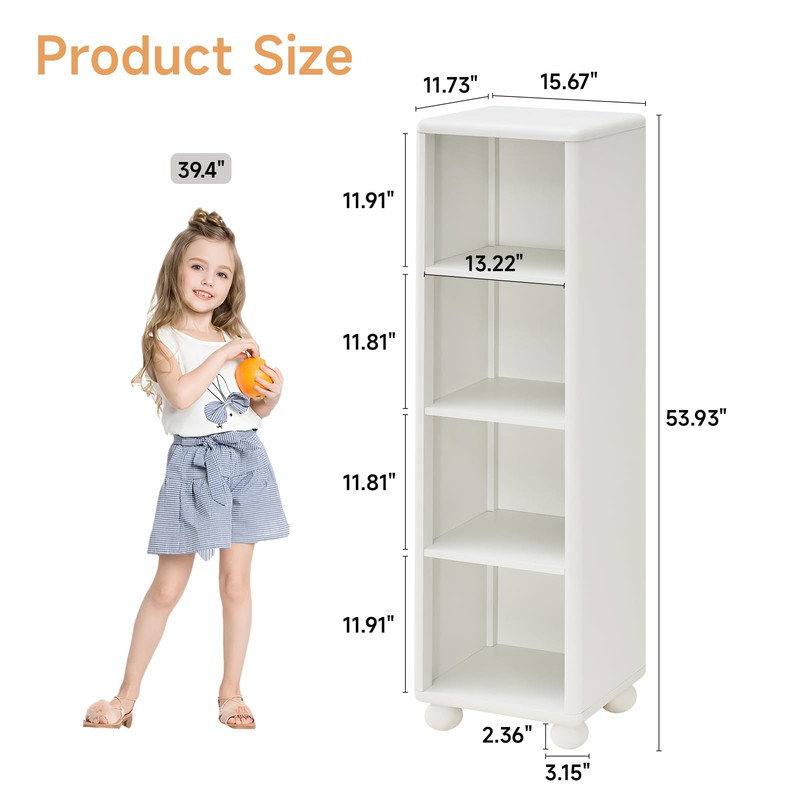 Tall Wooden Bookshelf, 4 Cube Bookcase with Sphere Foot, Freestanding Storage Cabinet, Sturdy Kids Storage Organizer for Living Room Bedroom Playroom Kitchen Bathroom