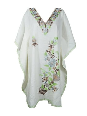 Mogul Women White Cotton Blend Floral Embroidered Kaftan Dress Embellished Housedress Kimono Tunic Caftan 3XL