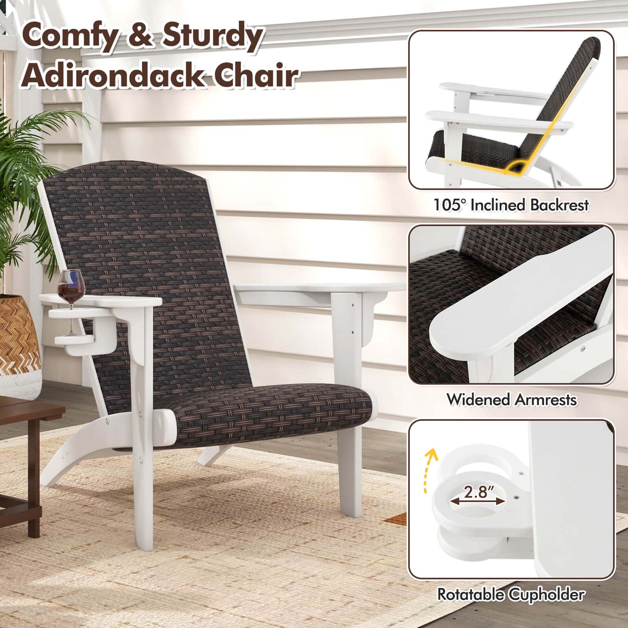 Costway Patio Adirondack Chair with Rattan Padded Seat Wide Armrests & Hidden Cupholder White